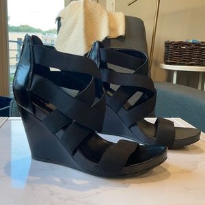 BCBG strappy black wedge